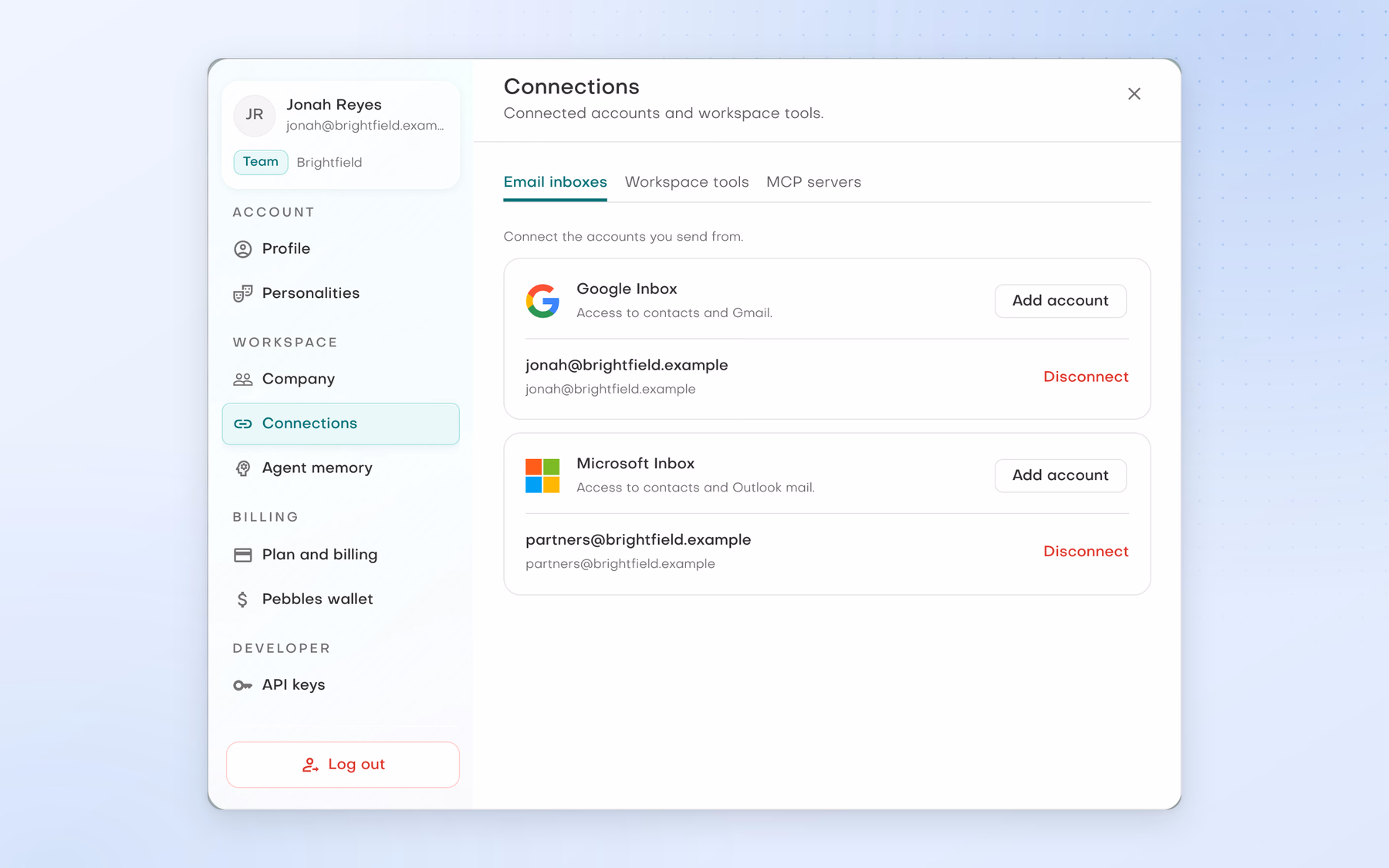 Settings, Connections, Email inboxes: a Google Inbox connected as jonah@brightfield.example and a Microsoft Inbox connected as partners@brightfield.example, each with Add account and Disconnect.