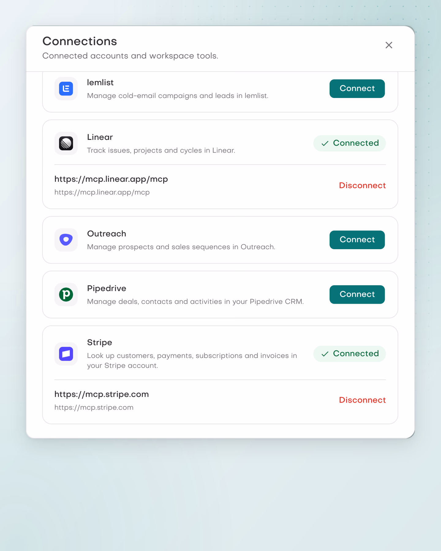 The MCP servers catalogue with Linear and Stripe connected, between lemlist, Outreach and Pipedrive.