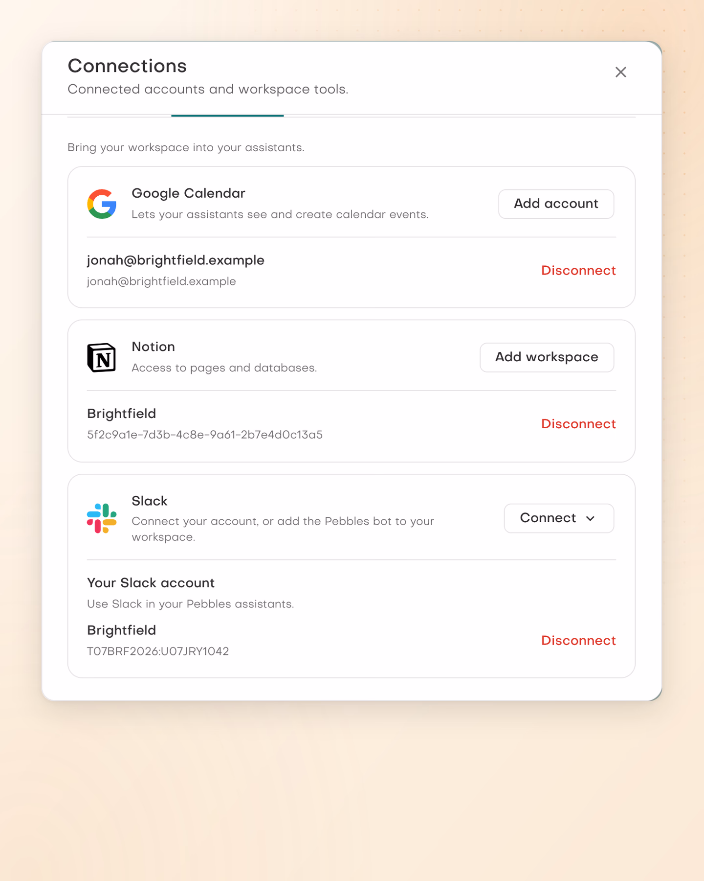Workspace tools with Google Calendar, Notion and a personal Slack account connected for the Brightfield workspace.