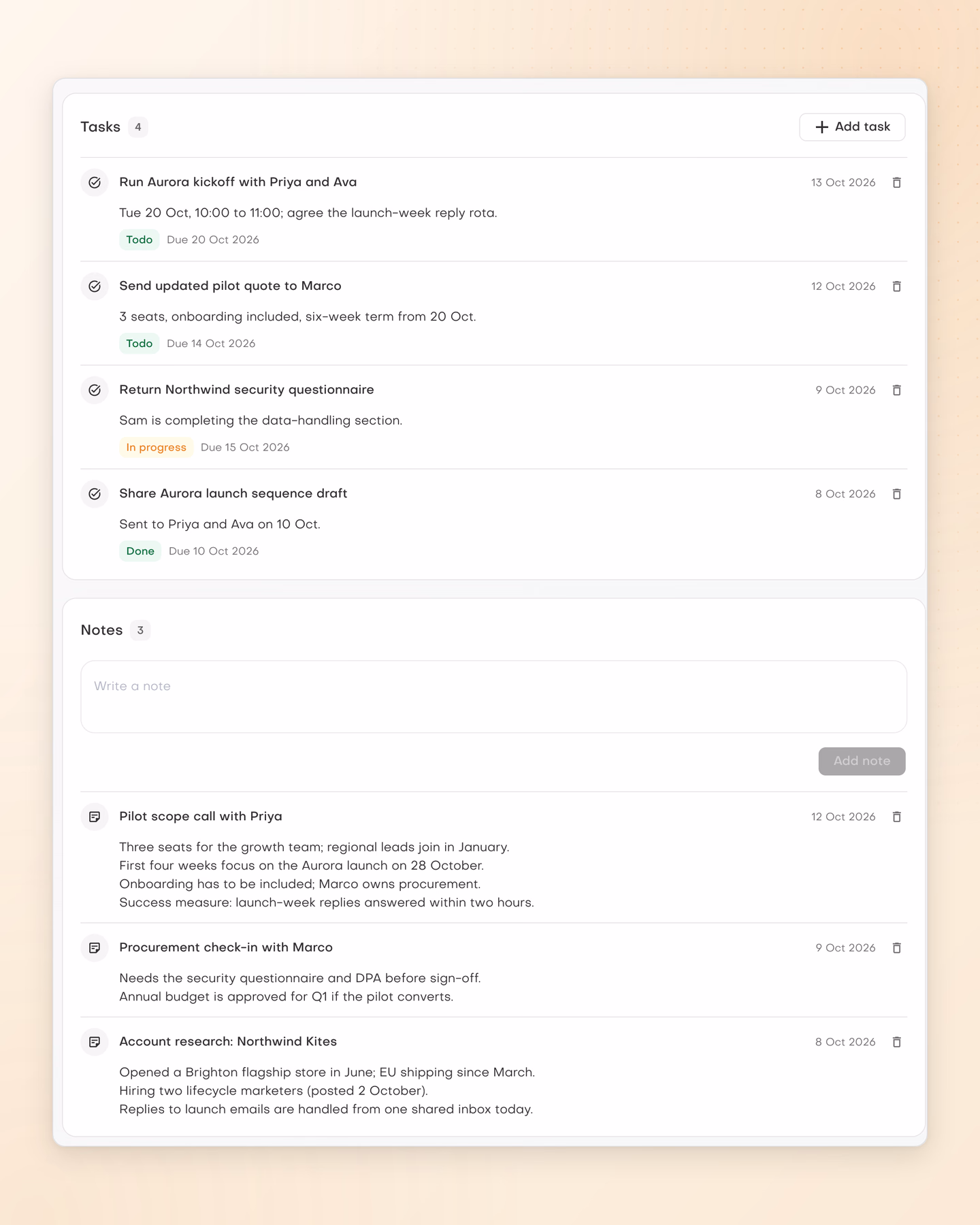 Northwind Kites tasks, from the Aurora kickoff on 20 October and the updated quote to Marco to the security questionnaire and launch sequence draft, above notes from the scope call with Priya, the procurement check-in with Marco and account research.