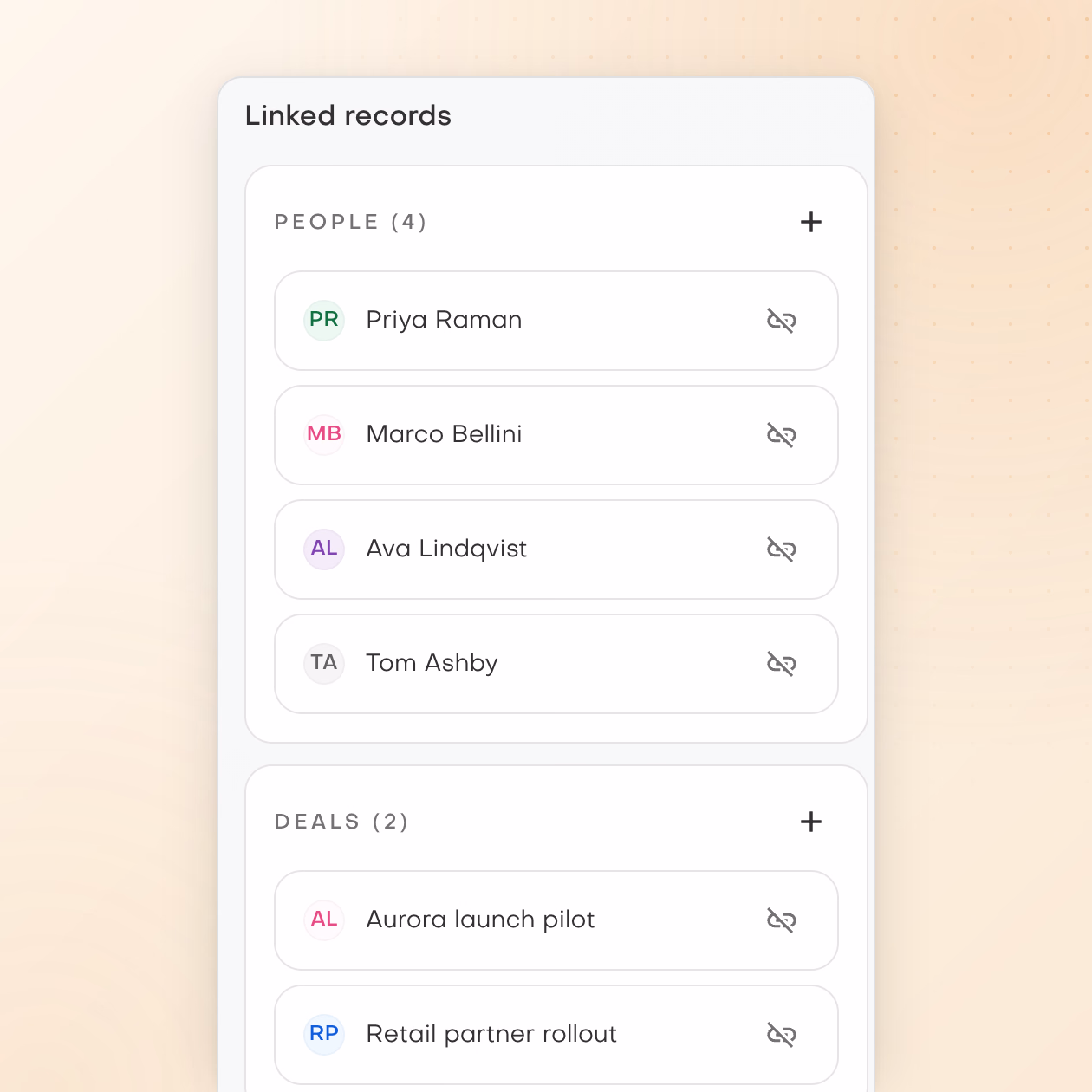 Linked records for Northwind Kites: Priya Raman, Marco Bellini, Ava Lindqvist and Tom Ashby, with the Aurora launch pilot and Retail partner rollout deals.