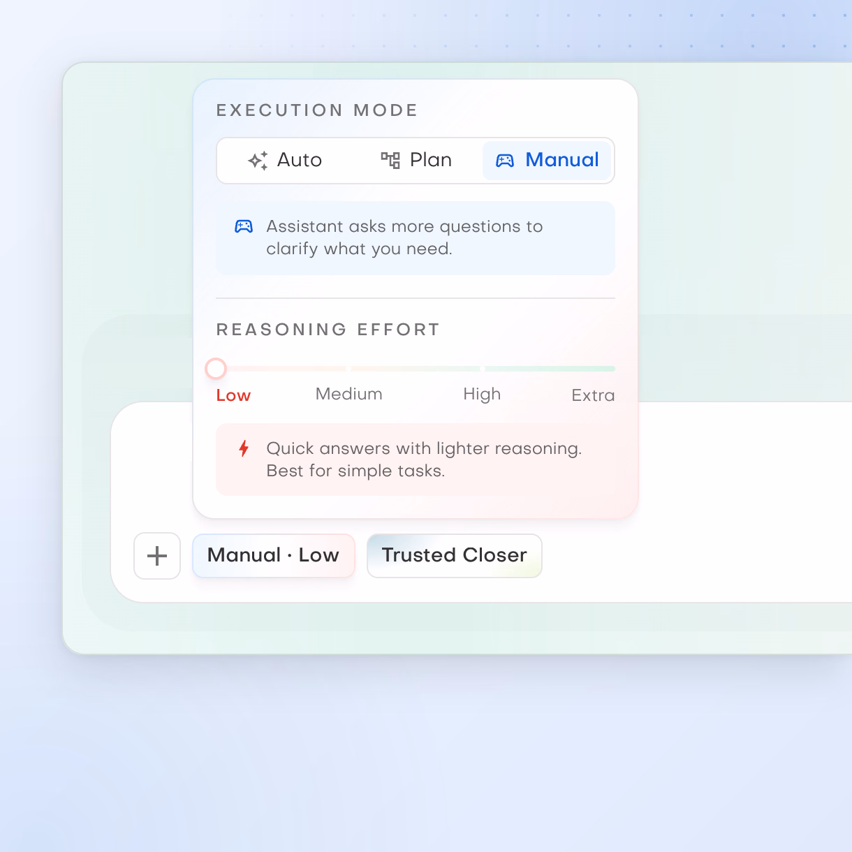 Execution panel with Manual mode and Low reasoning effort selected, above the composer chips for Manual, Low and the Trusted Closer personality.