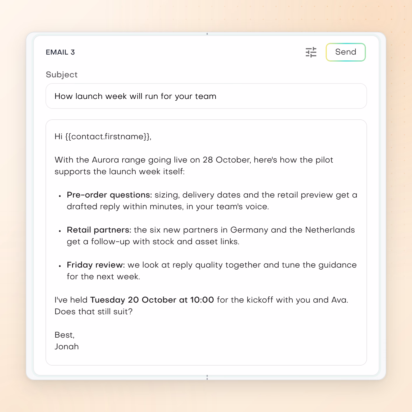 Email 3 of Jonah Reyes's Northwind Kites pilot follow-up, 'How launch week will run for your team', setting out pre-order replies, retail partner follow-ups and a Friday review ahead of the Aurora launch on 28 October.