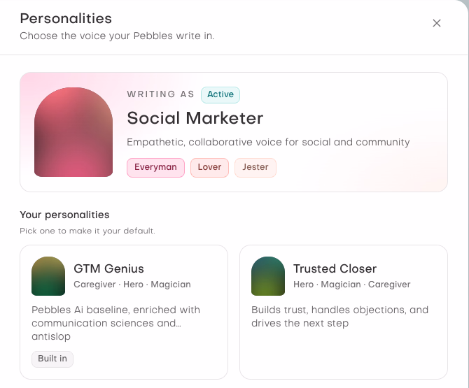 Cropped Personalities workspace showing Social Marketer, GTM Genius and Trusted Closer choices.