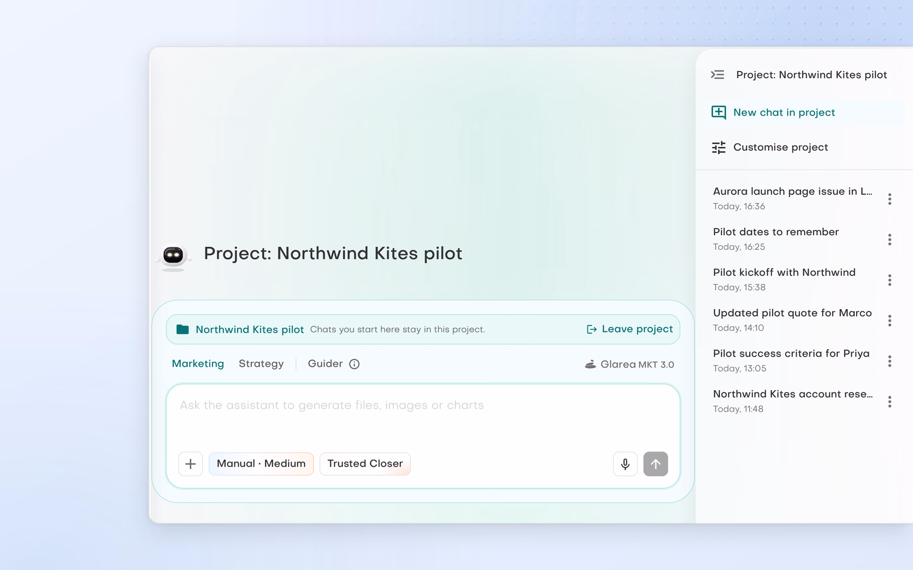 Pebbles Ai project 'Northwind Kites pilot': the composer notes that chats started here stay in the project, and the project panel lists New chat in project above six filed chats, from 'Aurora launch page issue in Linear' to 'Northwind Kites account research'.
