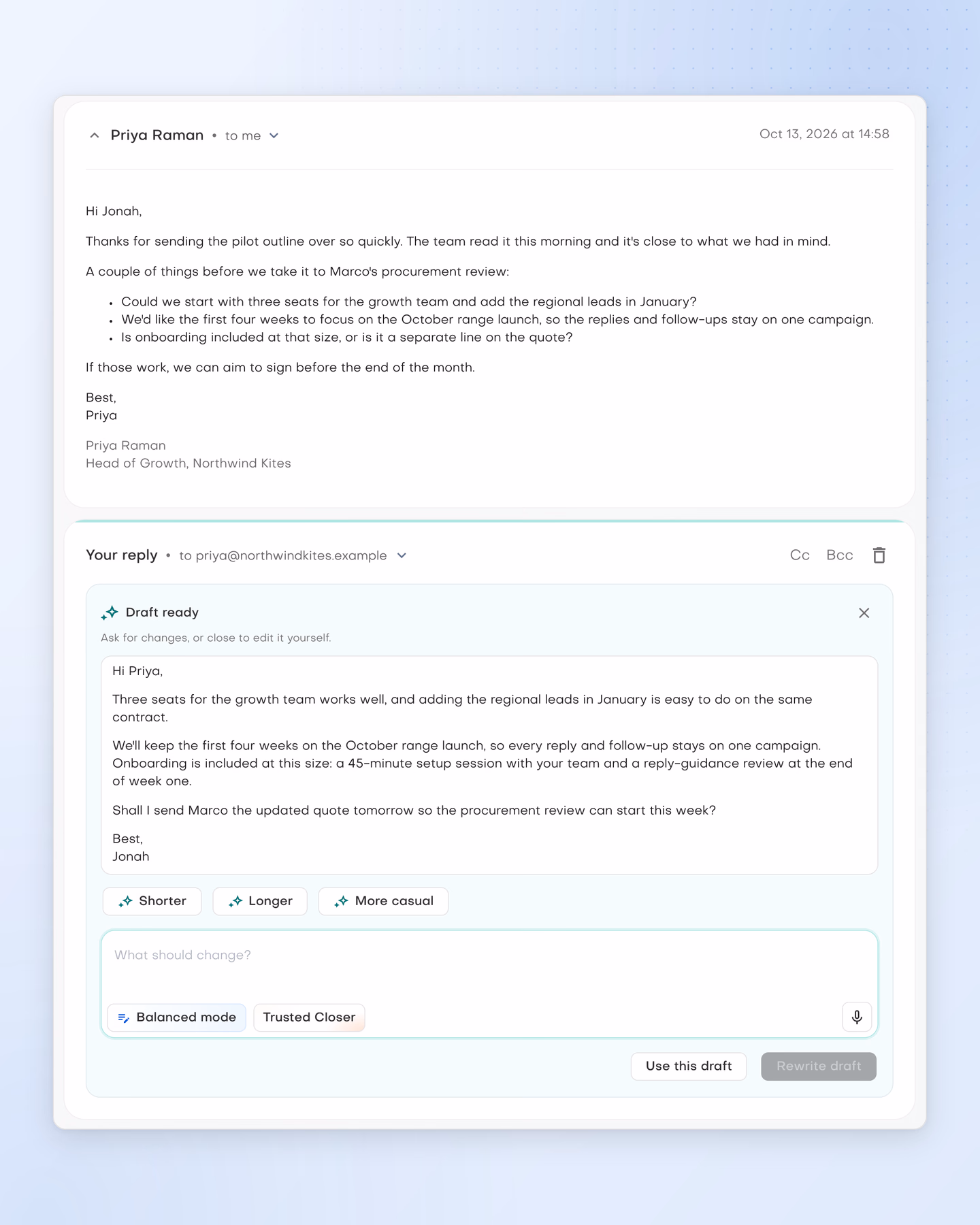 Priya Raman's email asking three questions about the pilot, and below it Jonah Reyes's reply editor with an AI draft answering each one.