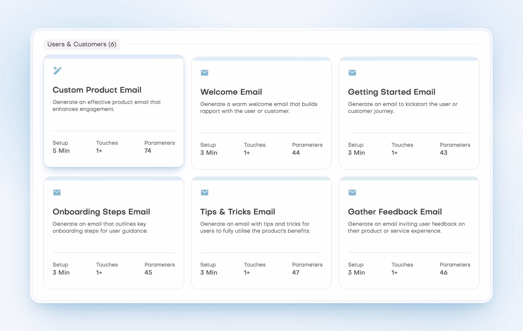 Users and Customers email templates including Welcome Email, Getting Started Email and Gather Feedback Email.