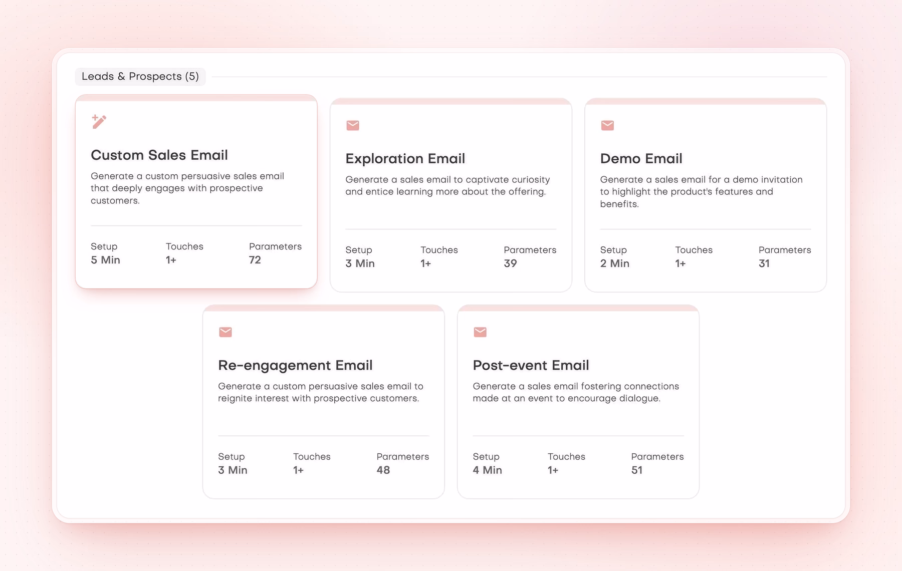Leads and Prospects email templates including Custom Sales Email, Exploration Email and Demo Email.
